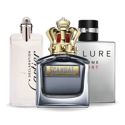 PACK DE 3 PERFUMES: ALLURE HOMME SPORT, JEAN PAUL GAULTIER SCANDAL, CARTIER DECLARATION 100 ml